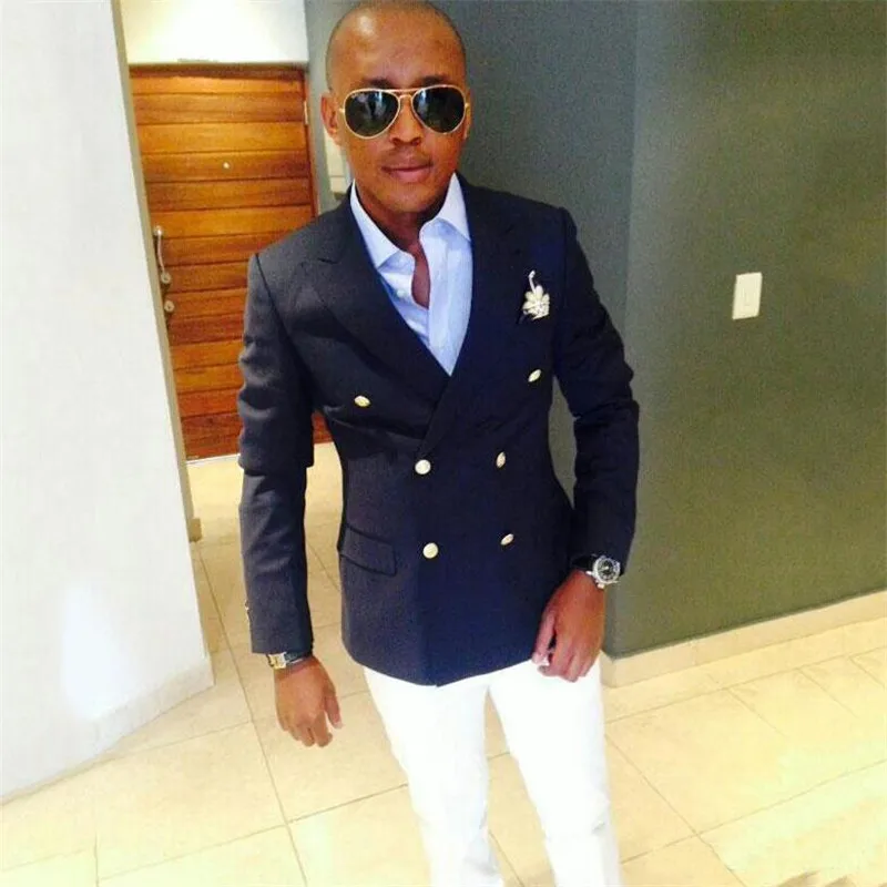 

Summer Wedding Men Suit Custom Made Men Suits Slim Fit 2 PCs Navy Jacket+White Pants For Wedding Groom Prom Party Tuxedos