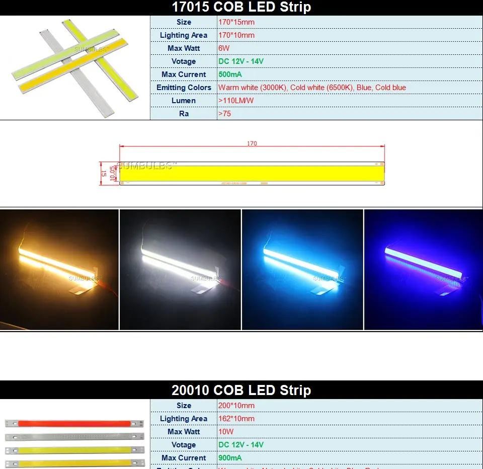 DC12V COB LED Strip Light Source 5W 10W 20W 50W 200W 300W LED Bulb White Blue Red Flip Chip COB Lamp DIY House Car Lighting 12V (11)