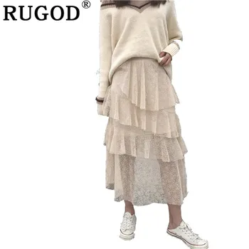 

RUGOD Spring 2019 Women Lace Ruffles Skirts Casual Mesh Chiffon Wrap Straight beach boho skirt Female Saia Longa Feminino