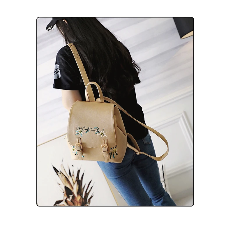 Nueva moda de cuero mochilas para mujeres mujer bolsas para la Escuela de las niñas Mochila Floral bordado flores Mochila