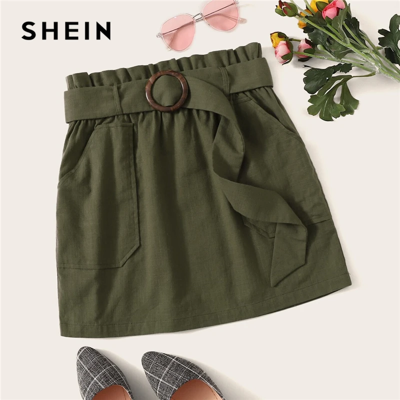 

SHEIN Paperbag Waist Buckle Belted Pocket Front Skirt Womens Summer 2019 Casual Army Green Straight High Waist Mini Skirt