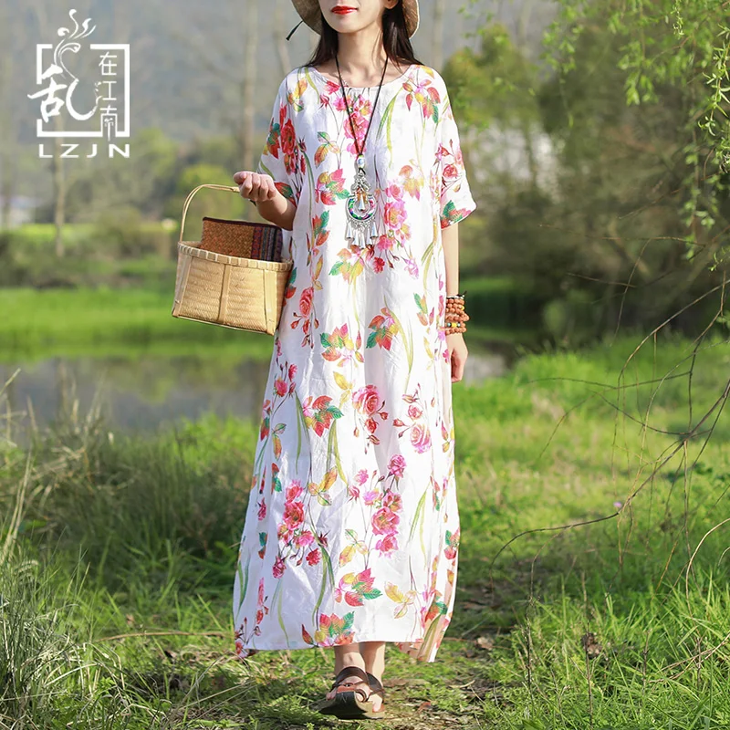 

LZJN Ladies Summer Beach Dress 2020 Short Sleeve Floral Maxi Shirt Dress for Women Robe Femme Mori Girl Long Tunic Plus Size