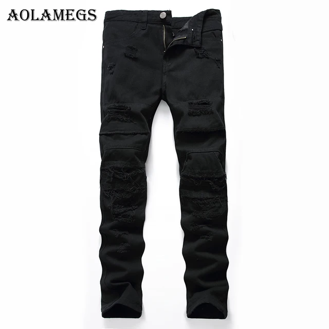Aolamegs Men Jeans Hole Pants Full Length Black Dark Summer Cut Broken ...