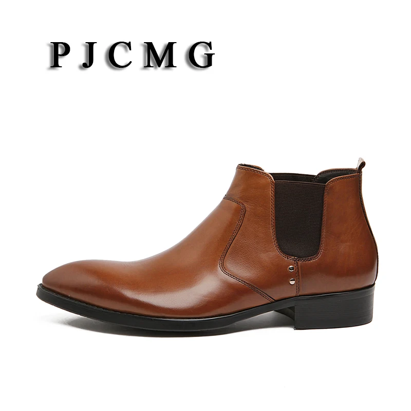 PJCMG New British Style Autumn Winter Genuine Leather Elastic Band Man's England Vantage Motorcycle High-top Boot