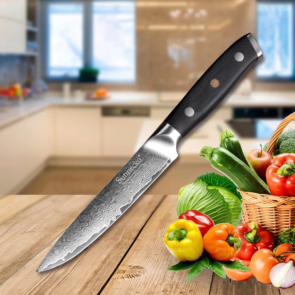 

SUNNECKO 5"inch Utility Knife Kitchen Chef Knives Cutting Tools Japanese 73-Layer Damascus VG10 Steel Sharp G10 Sanding Handle