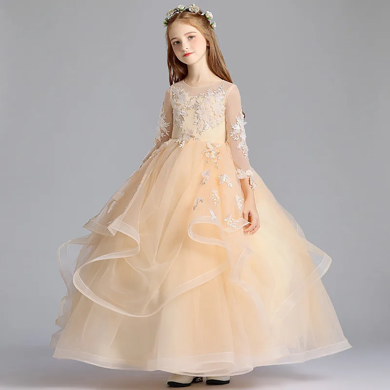 US $105.83 2020 Summer Spring Luxury Exquisite Children Girls Appliques Flowers Champagne Birthday Wedding Party Host Princess Long Dress