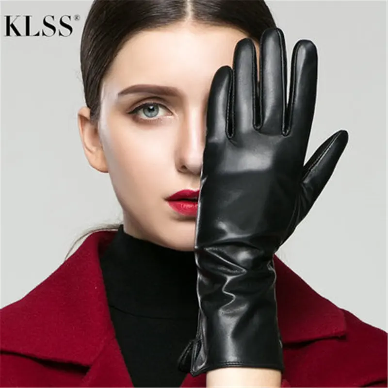 KLSS Brand Genuine Leather Women Gloves High Quality Goatskin Glove Fashion Elegant Lady Driving Winter Plus Velvet 9901