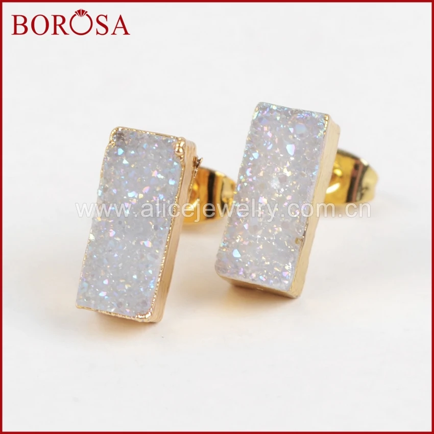 BOROSA Gold Color Rectangle Titanium Natural Stone Druzy Earrings for Women Drusy Geode Stud Gems Jewelry G1223 | Украшения и