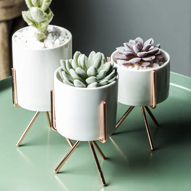 

White Ceramic Flower Pot Nordic Style Plant Container with Iron Frame Home Decoration XHC88