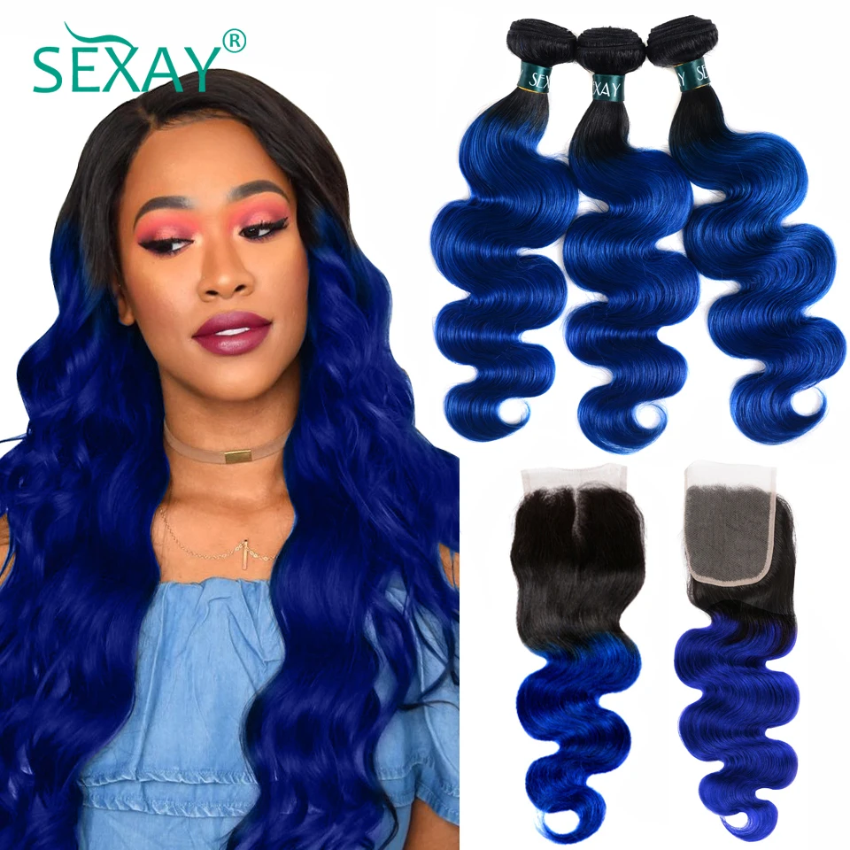 SEXAY Blue Hair 3 Bundles With Closure One Pack Dark Roots Two Tone Ombre Brazilian Body Wave Human Hair Weft With Lace Closure SEXAY Blue Hair 3 Bundles With Closure One Pack Dark Roots Two Tone Ombre Brazilian Body Wave Human Hair Weft With Lace Closure