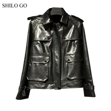 Шило GO кожаная куртка Женская Весенняя мода Овчина натуральная кожа пальто воротник с отворотами оборки плечо кнопка карман куртка