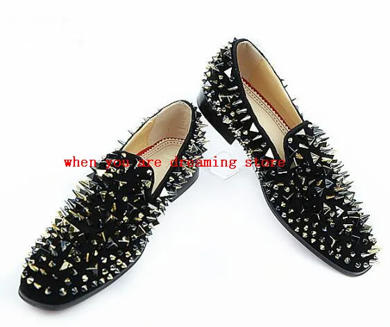 Us 102 9 2017 Men Black Suede Shoes Silver Rivet Covered Men Loafers Red Bottom Flats Shoes Size 38 47 Quality Dress Shoes Men In Formal Shoes From
