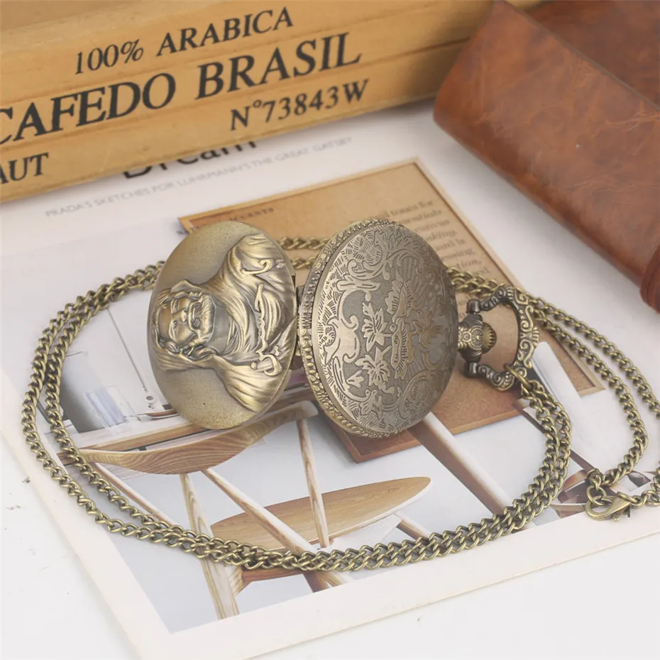 Бронзовый дизайн Иисуса ожерелье карманные часы Полный Охотник сувенир ретро кулон часы Подарки для мужчин женщин с цепочкой Fob