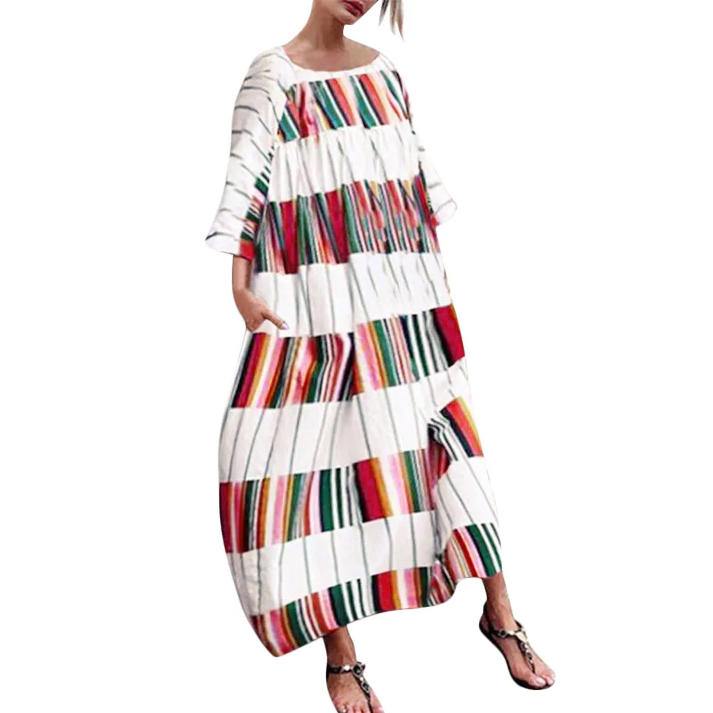 

SAGACE 2019 Summer Dress Women Casual Long Sleeved Color Block Striped Print Loose Long Maxi Party Women Dress Loose Sundress
