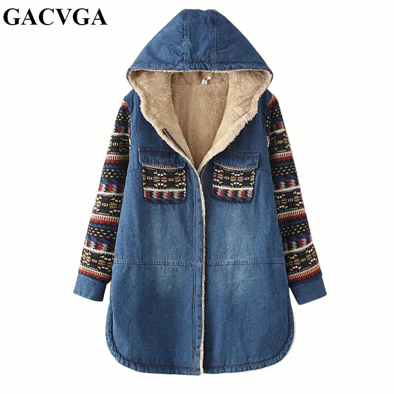 

GACVGA Spring Winter Patchwork Hooded Denim Jacket Women Lambswool Jean Coat With Pockets Long Sleeves Warm Jeans Coat Outwear