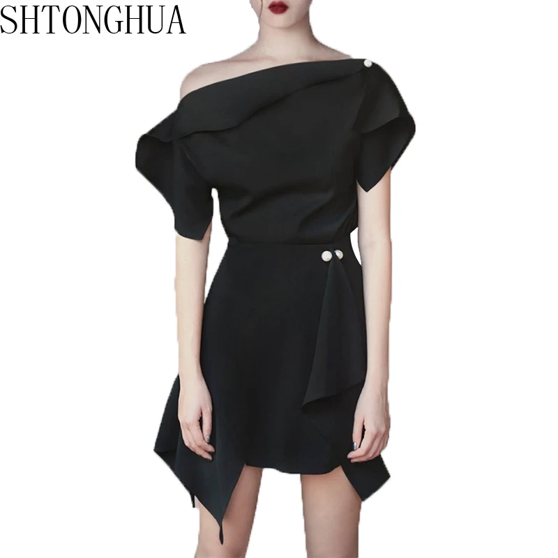 Женский комплект из 2 предметов SHTONGHUA черный топ с оборками и открытыми плечами +