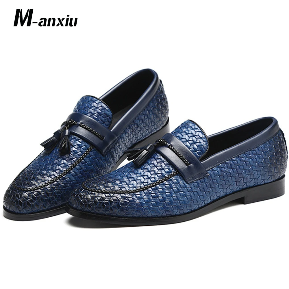 Fashion Weave Pattern Tassel Fringe Leather Shoes Slip On Casual Loafers Plus Size Round Toe Men Shoes Gift for Father