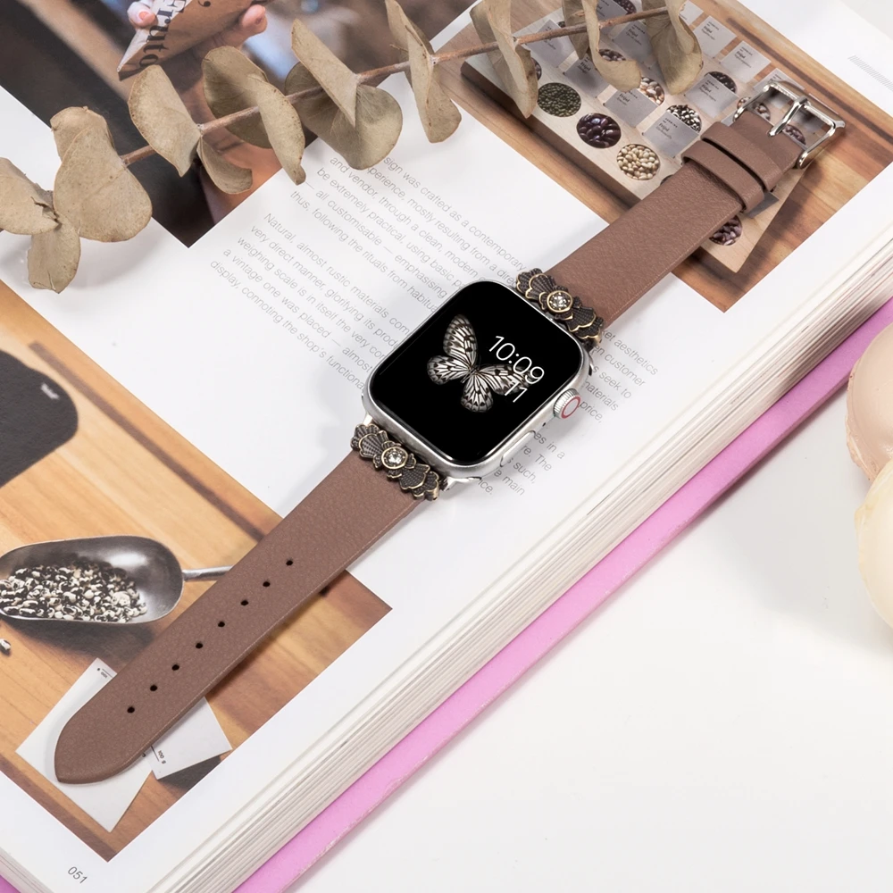 Тонкий кожаный ремешок для Apple Watch 38 мм 42 мм iWatch женский тонкий металлический с уникальным украшенным дизайном ремешком для iwch серии 4 3 2 1
