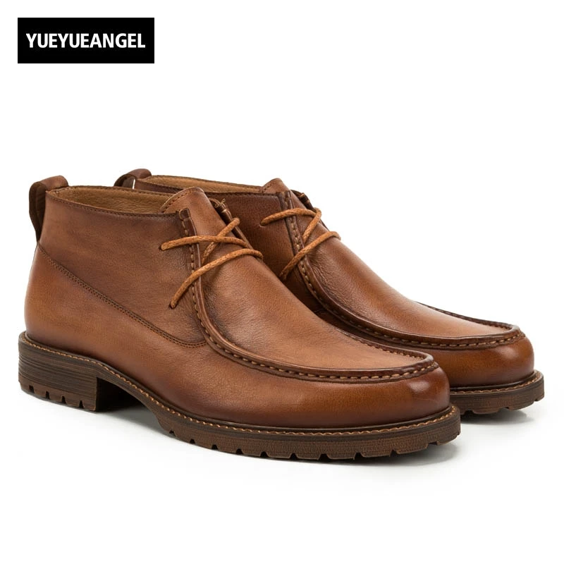 2018 Vintage Genuine Leather Cow Mens Lace Up Ankle Boots Round Toe Work Shoes Male Low Heel England Style Warm Breathable Brown 2018 Vintage Genuine Leather Cow Mens Lace Up Ankle Boots Round Toe Work Shoes Male Low Heel England Style Warm Breathable Brown