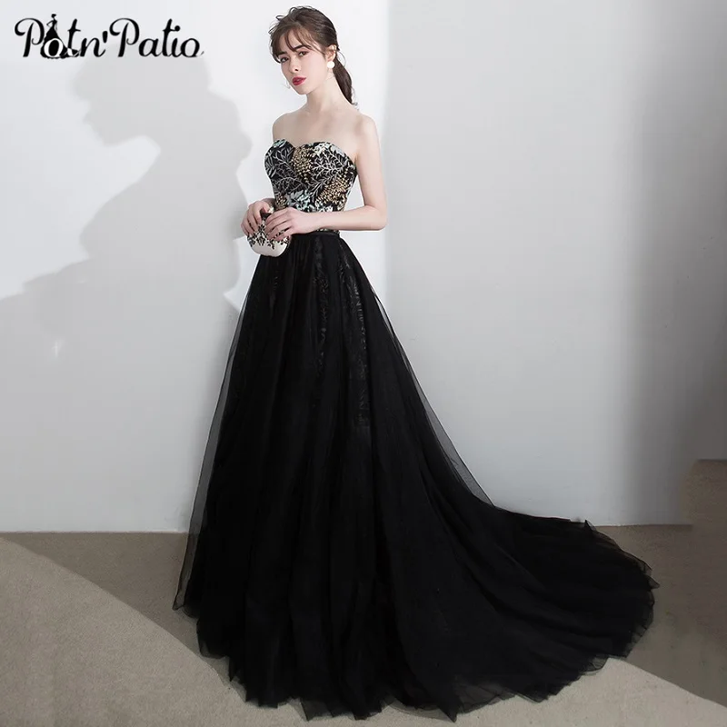 black strapless gown with train