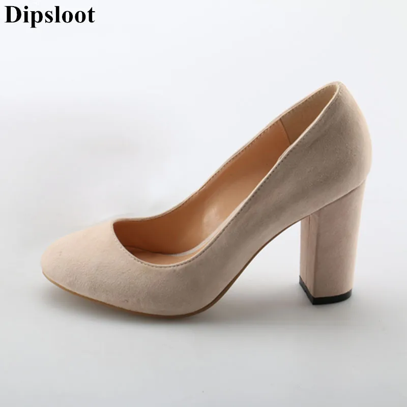 

Dipsloot 2018 Suede Leather Square High Heels Dress Party Shoes For Ladies Round Toe Slip-on Pumps Girls Simple Solid Shoes