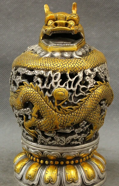 

JP S0114 Tibet Silver Gilt Buddhism Dragon Head Ball Statue Box Incense Burner Censer B0403