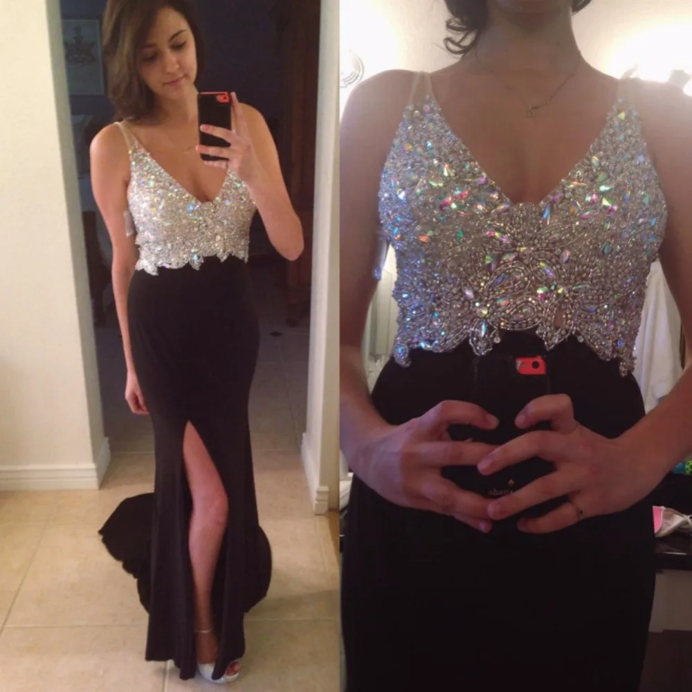 Роскошные Vestido де гала 2016 Сексуальная Русалка V Шеи Стразы Кристалл Шифон Пром