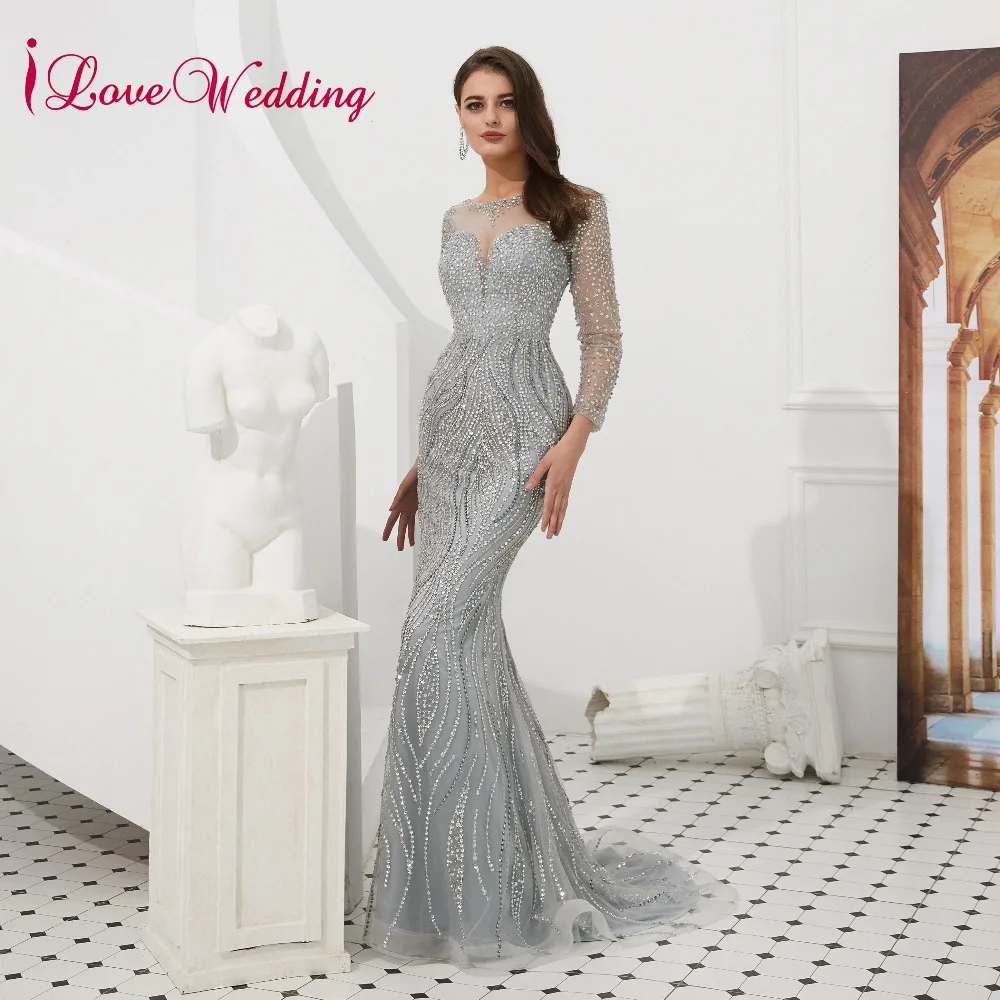 ILoveWedding, роскошное вечернее платье, прозрачное, с хрустальным бисером, с длинным рукавом, на заказ, серое, длинное, официальное, вечернее платье, настоящая фотография