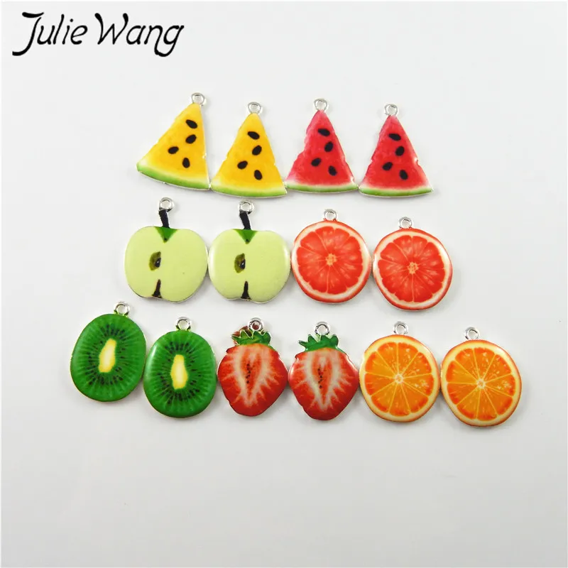 Julie Wang 10pcs Green Apple Kiwi Orange Strawberry Cute Fruit Shape Enamel Alloy Little Charms Women Jewelry Findings Hot Sale