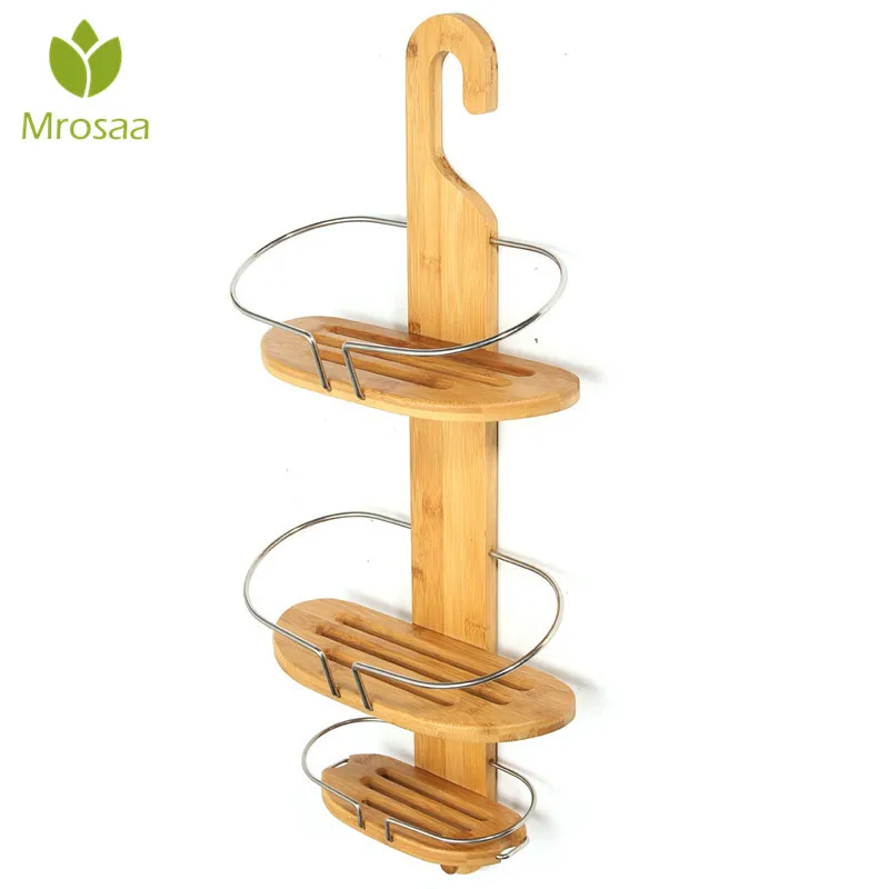 

High Quality Three Tiers Multifunctional Sturdy Corner Bathroom Shelves Storage Holder Vintage Bamboo Bathing Shower Rack