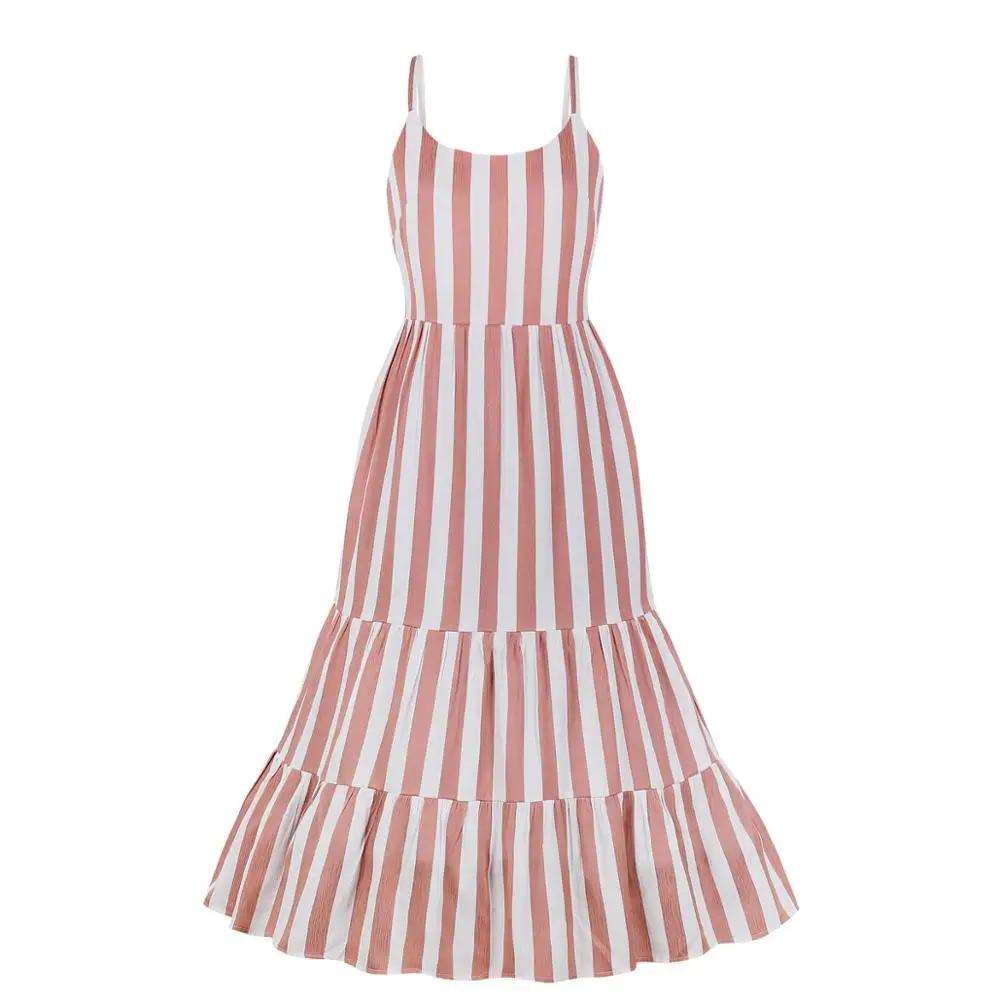Women Pink Coral Stripes Strap Sundress Tiered Tea Length Vintage Dress