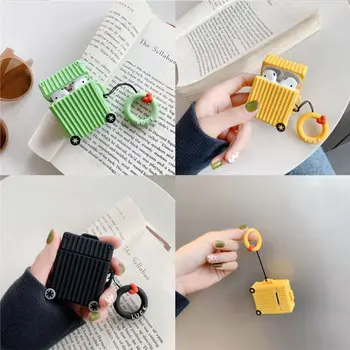 

Fashion Cute Suitcase Trunk Luggage Case For Apple Airpods 1/2 Earphone Protective Cover with Finger Ring Strap