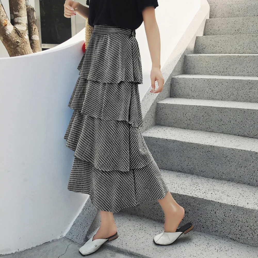 Корейский Миди-юбки летний Для женщин Высокая Талия Длинные многослойные юбки синий черный плед сладкий Saia L1603