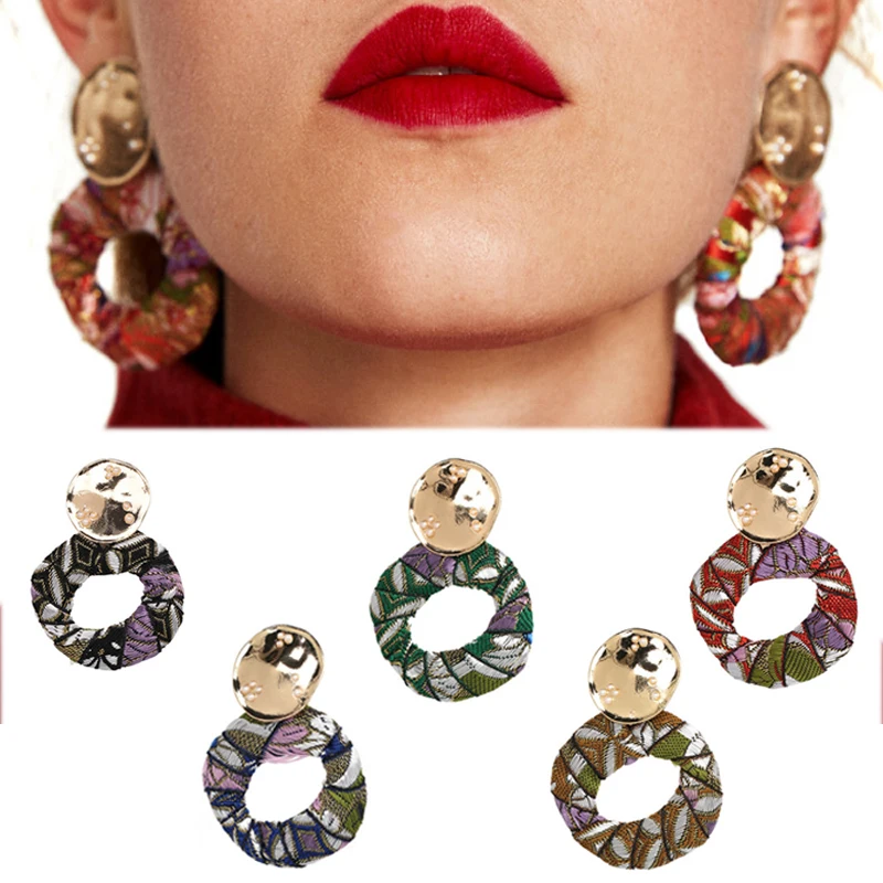 

LNRRABC 2018 new new bohemian colorful round cloth pendant statement jewelry earrings ladies party gifts free shipping