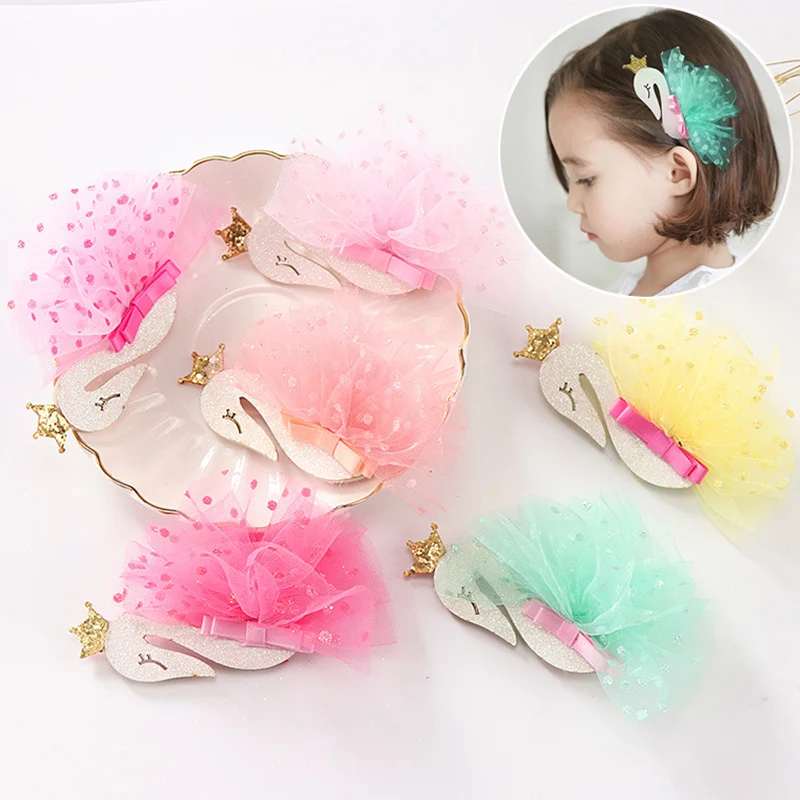 

Hot New Design Shiny Rhinestone Flamingo Crown Hair Clip Girls Hair Accessories Grid Yarn Children Ribbon Baby Hairpins