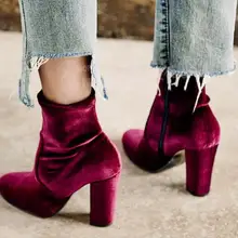 Г. Новые весенние женские ботинки на толстом каблуке с круглым носком темно-красные вельветовые ботинки на высоком каблуке пикантные ботильоны для подиума сапоги из эластичной ткани