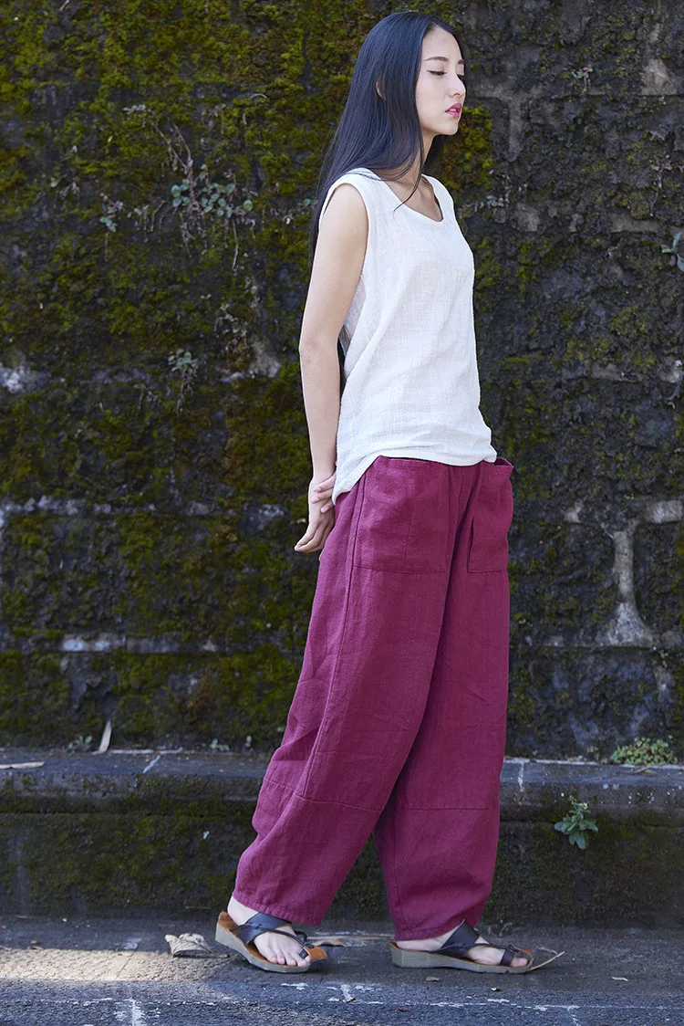 LZJN Baggy Pantalon Women Loose Ankle length Pants Linen Wide Leg Ladies Casual Sand Wash Summer Cool Baggy Trousers with Pocket (31)