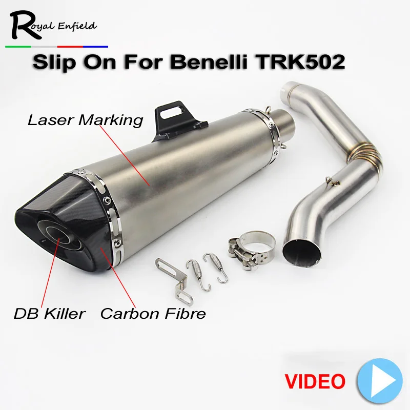 

Laser marking TRK502 Motorcycle Full System Exhaust Mid Link Pipe Motorbike Laser Marking For Benelli Carbon Fiber Muffler