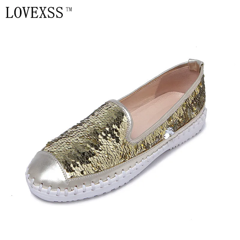 

LOVEXSS Sequined Flats 2017 Spring Autumn Casual Genuine Leather Black Red Golden Silvery Woman Shoes Loafers Sequined Flats
