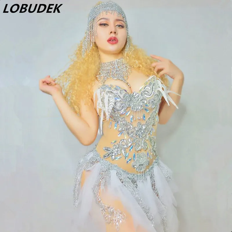 

Female Crystals Gauze Dress Sexy Nude Bling Rhinestones One Piece Dresses Nightclub Leading Dancer Jazz DJ Costume Stage Outfits