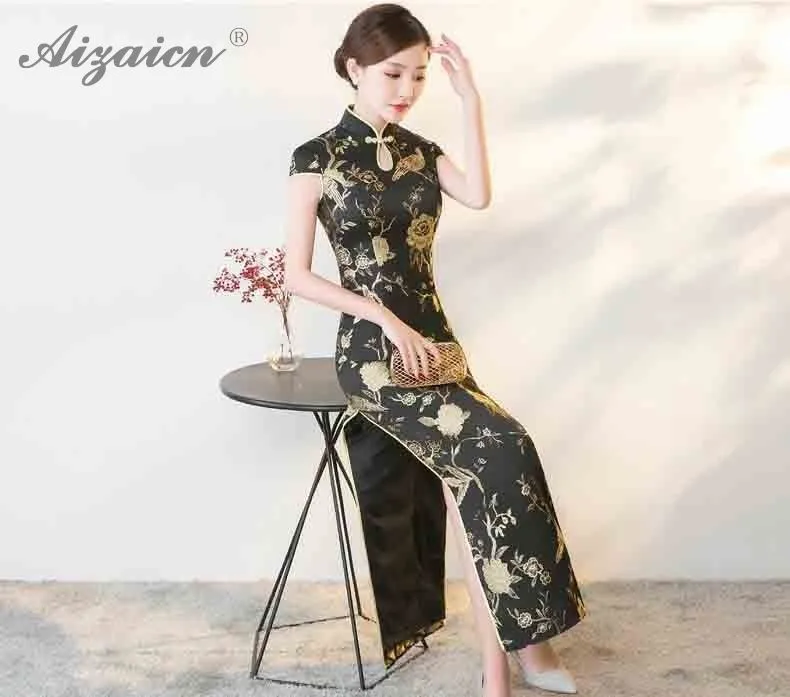 Восточный винтажное платье модные черные элегантные вышивка Cheongsam воды воротник Длинные Qipao для женщин китайское традиционное платье Qi Pao