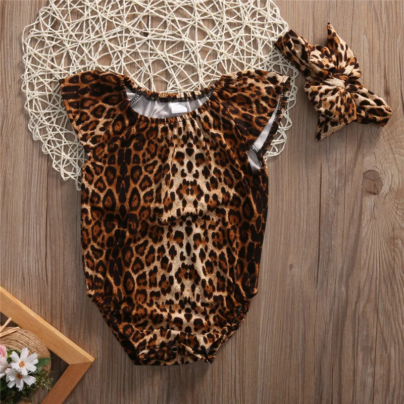 

2017 New Style Cute Newborn Baby Girl Clothes Casual Short Sleeve Romper Leopard Outfit Baby Clothing Headband