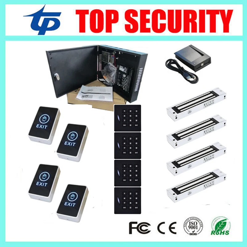 ZK C3-400 door access control with KR102E card reader weigand, touch exit button and EM lock 4 doors access control panel