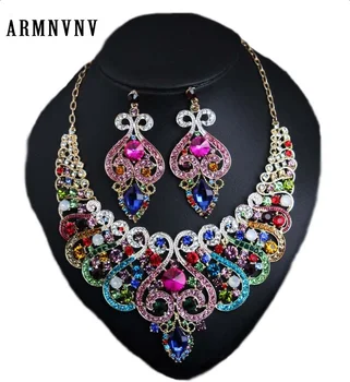

ARMNVNV Multi Color Crystal Colored Stone Big Necklace Earring Set Nigerian women Ladies Wedding Bridal 2 pcs Jewelry Sets
