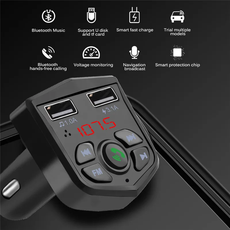 Bluetooth 5 0 Mp3 плеер Handsfree Car Kit FM передатчик TF карта U disk AUX 3.1A быстрое зарядное