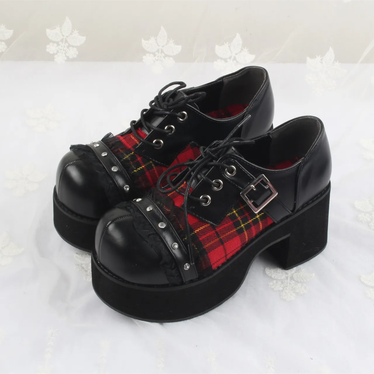 

Womens Round Toe Vintage Harajuku Punk Chunky High Heel Shoes Gothic Lace Up Rhinestones Lattice Decor 3Styles A904