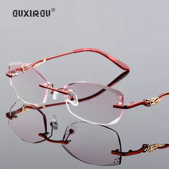 

Diamond Cutting Rimless Eyeglasses Woman Luxury Tint Lenses Anti-blue light Optical Phantom trimming titanium Glasses Female s4