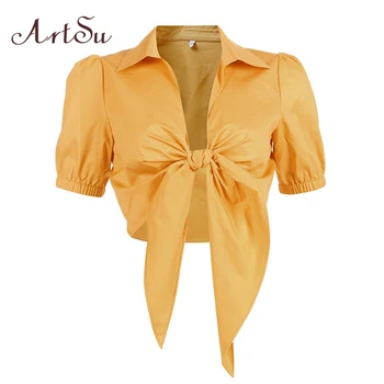 

ArtSu Yellow Crop Top Womens Tshirts Casual Short Sleeve T Shirt Ladies V Neck Sexy Tee Shirt Elegant Lace Up Summer ASTS20868