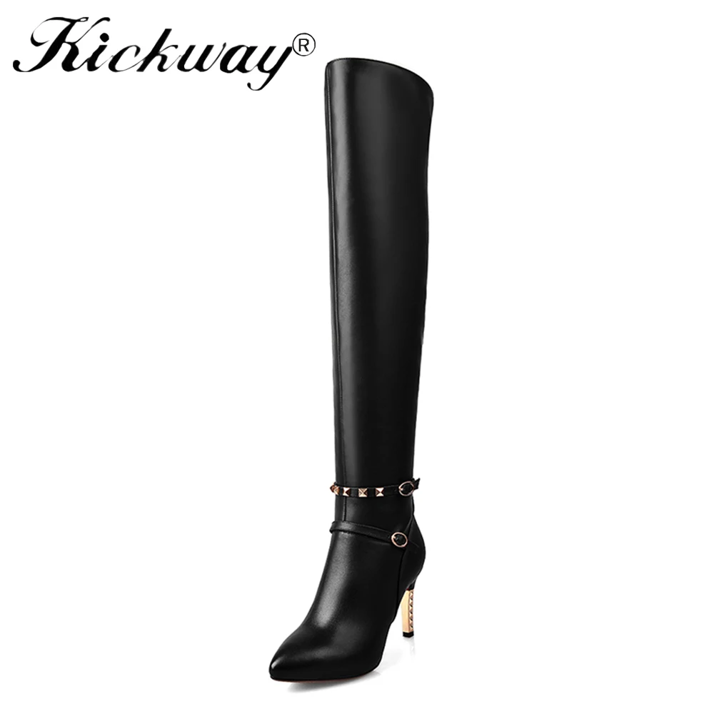 

Kickway 2017 winter platform over the knee thigh high boots woman shoes plush high heels genuine leather pointed toe women