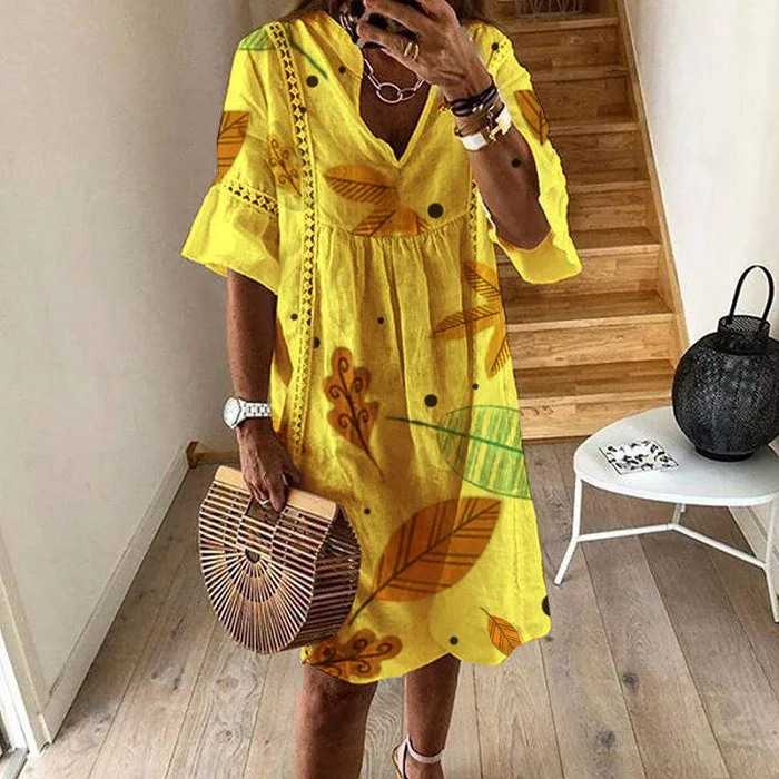 Fanbety 2XL женские пляжные платья с расклешенными рукавами, сексуальное открытое летнее платье с v-образным вырезом, летнее повседневное однотонное свободное мини-платье Vestidos - Цвет: print yellow